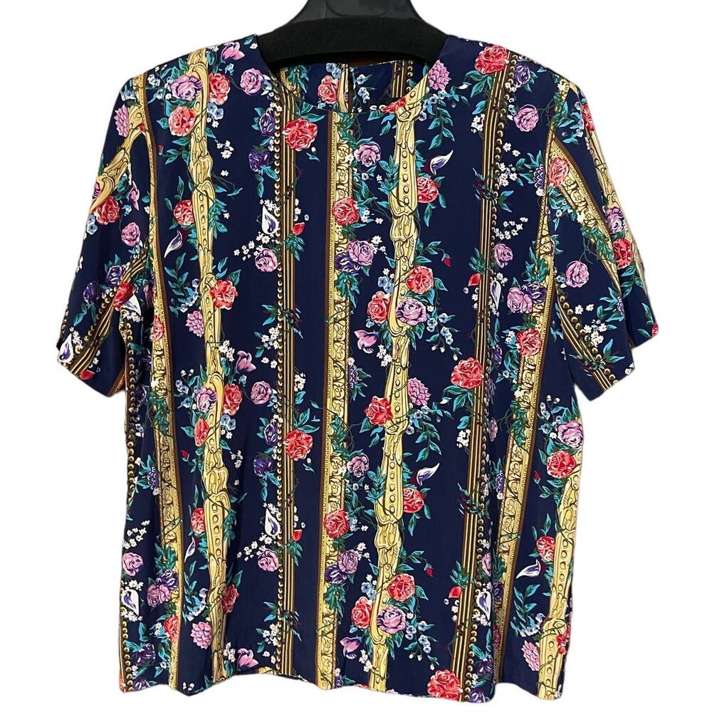 Susan Graver SG Sport Blue Floral Print Short Sleeve Shell Size Large 14/16